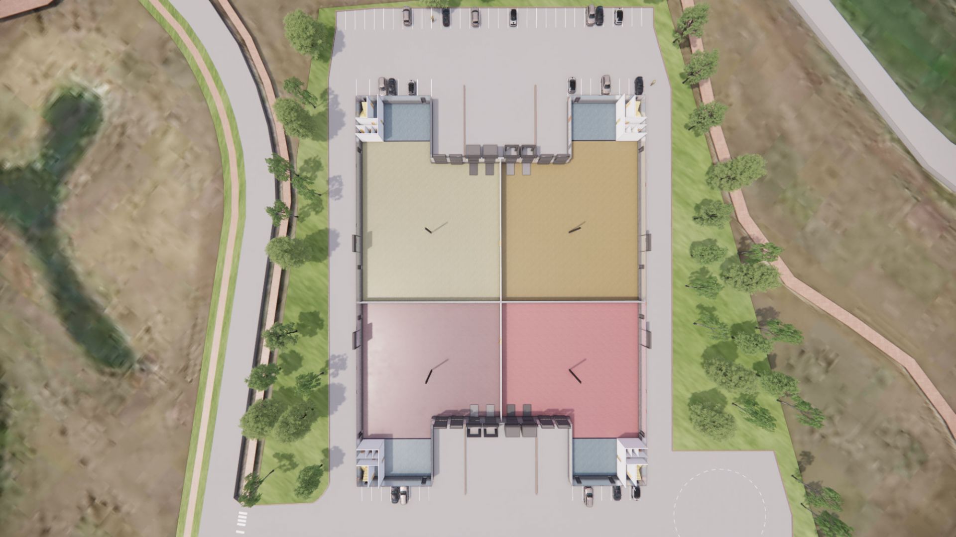 Animierte Darstellung der Aufteilung der Halle in vier getrennte Bereiche, die jeweils über einen eigenen Entladebereich für LKW, Parkplätze und Büroräume verfügen.