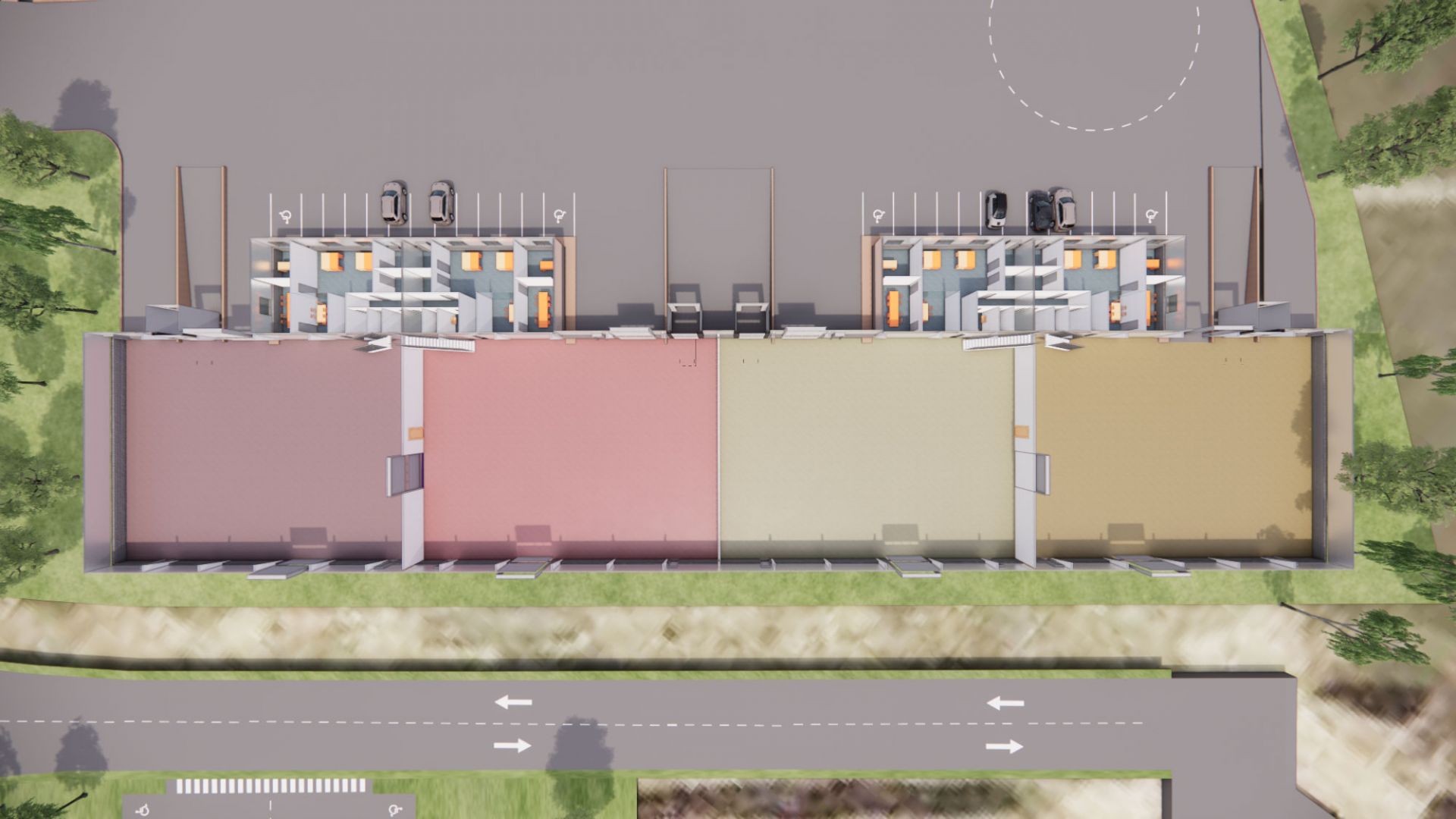 Animierter Plan der Innenaufteilung der Hallen in vier etwa gleich große Bereiche mit jeweils einem Büroteil, Parkplätzen und LKW-Entladungsmöglichkeit.