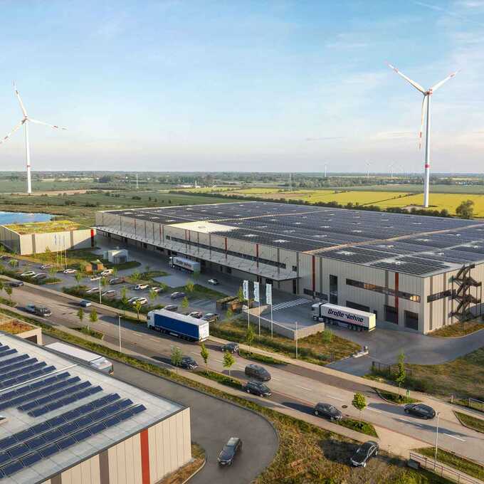 Luftaufnahme der Logistikhalle Hansalinie Bremen - Onebox. Eine große Lagerhalle mit Solarzellen auf dem gesamten Dach.